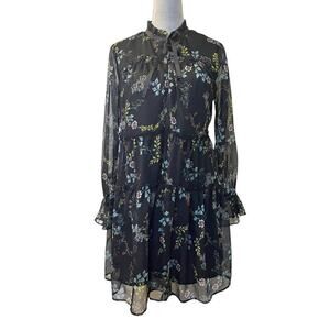 Who What Wear Tiered Dress Womens Small Black Floral Chiffon Above Knee Tie Neck